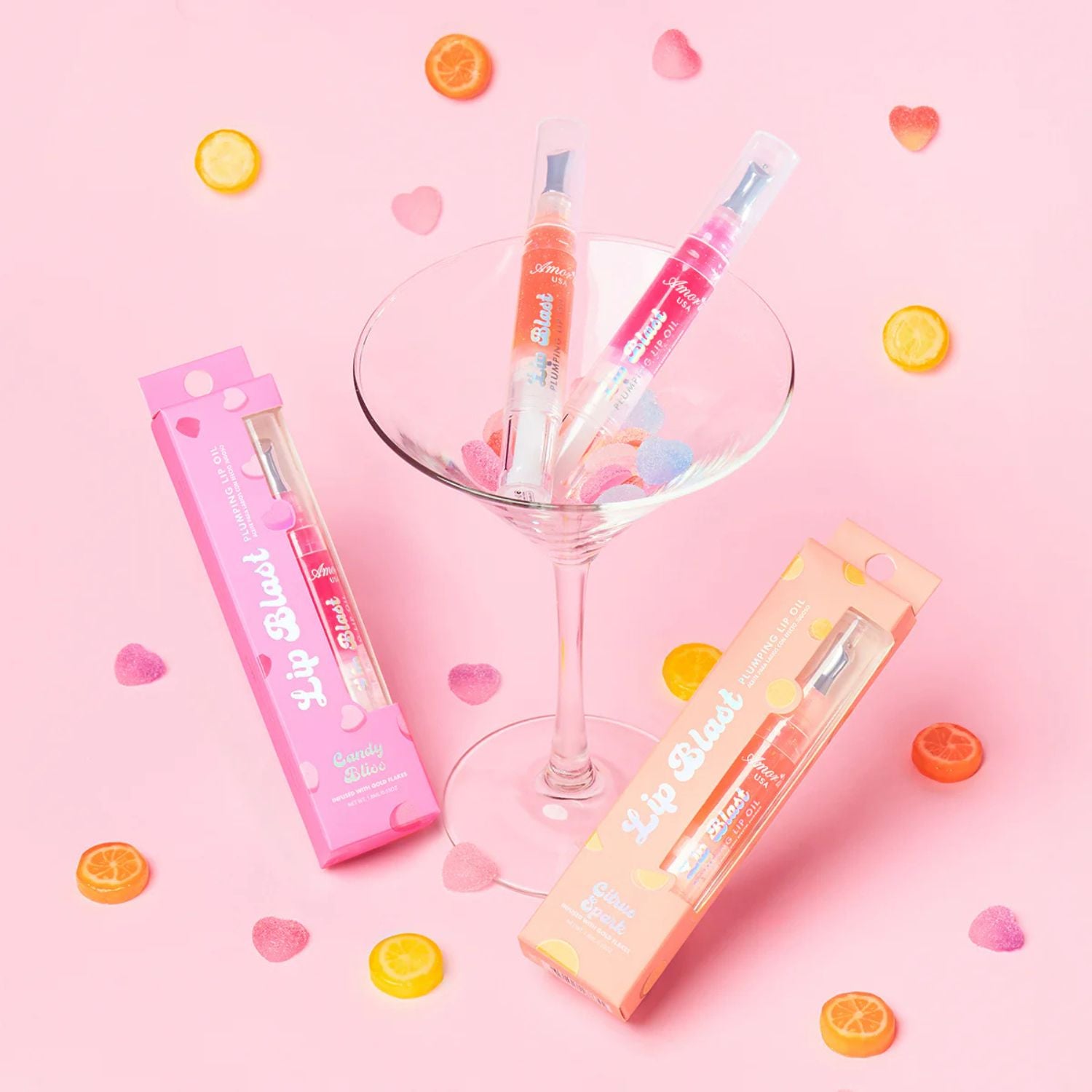 Coffret Lip Blast avec deux huiles à lèvres repulpantes aux saveurs bonbons et agrumes, finition brillante infusée d’or – Emano Nouvelle-Calédonie