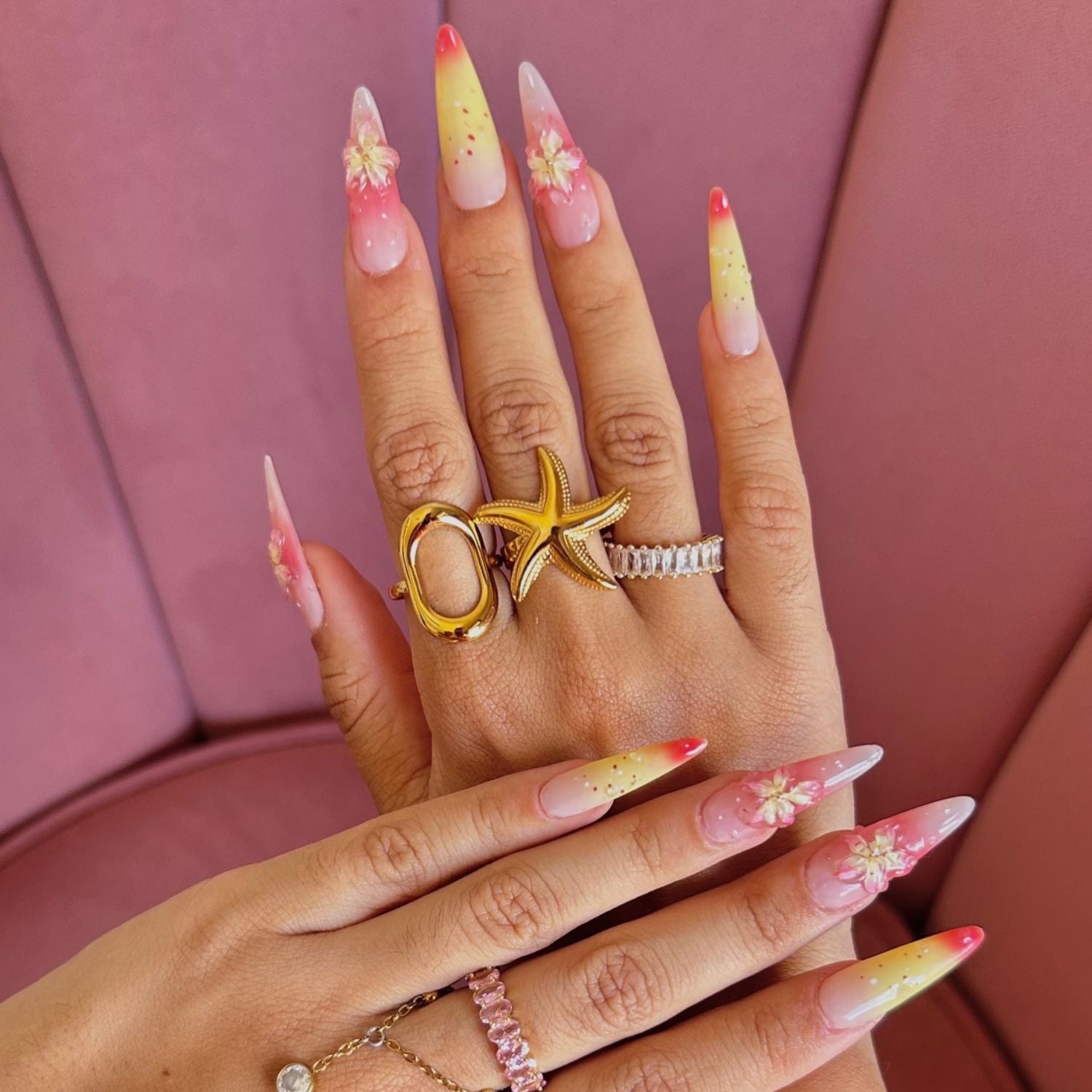 Press On Nails Sunset Love EMANO – Faux ongles faits main dégradé orange rose avec fleurs