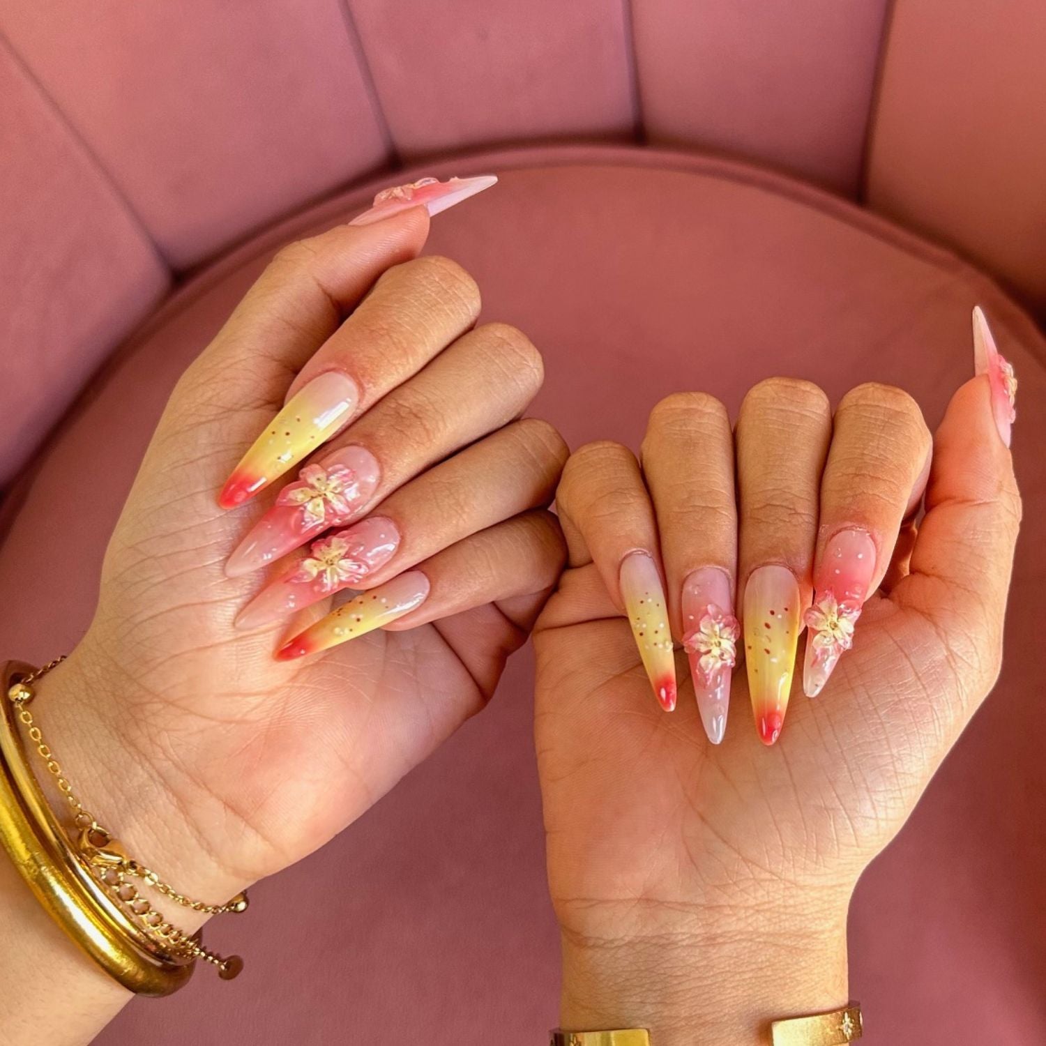 Press On Nails Sunset Love EMANO – Faux ongles faits main dégradé orange rose avec fleurs