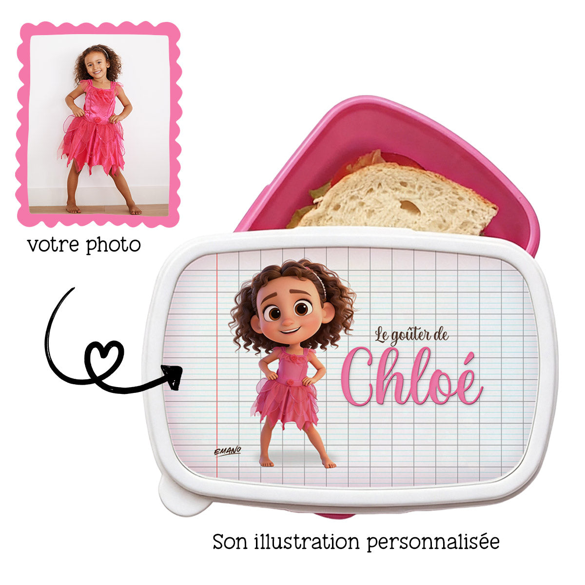 Boîte à goûter personnalisée avec illustration cartoon à partir de la photo de l’enfant – EMANO