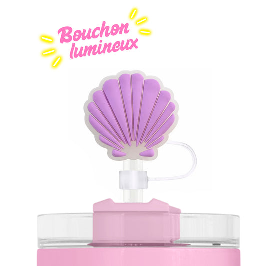 Bouchon de paille lumineux en forme de coquillage mauve avec effet LED, accessoire boisson tendance chez Emano