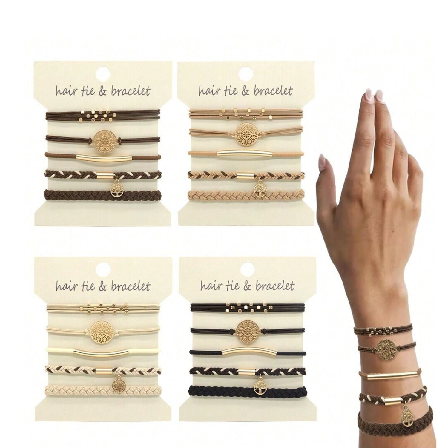 Set de bracelets bohème et élastiques à cheveux couleur beige et or rosé – Accessoires 2-en-1 chic et pratiques, Emano Nouvelle-Calédonie.