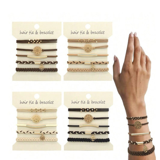 Set de bracelets bohème et élastiques à cheveux couleur beige et or rosé – Accessoires 2-en-1 chic et pratiques, Emano Nouvelle-Calédonie.