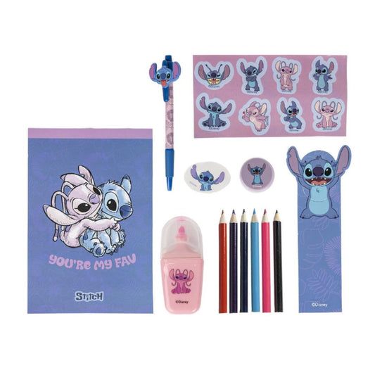 Coffret papeterie Stitch Disney 12 pièces avec carnet, crayons, stickers et accessoires, présenté dans une boîte décorée Stitch
