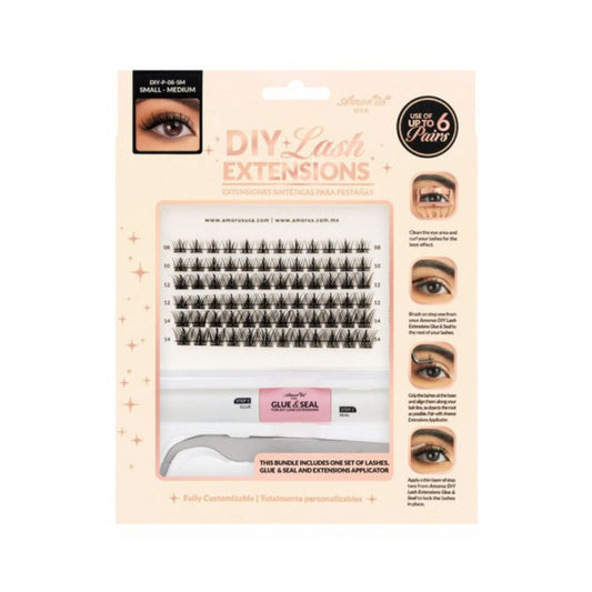 Kit d'extensions de cils DIY Amorus USA DIY-P-10-SM  , tailles S à M. Longueurs de 8 à 14 mm. Ce kit comprend des extensions de cils DIY de haute qualité, de la colle et un applicateur de précision. L'effet C-curl crée un look naturel et volumineux, et la facilité d'application garantit une pose impeccable. Longue durée, confortables et réutilisables jusqu'à 6 fois, ces extensions sont à la fois écologiques et économiques. L'applicateur, en acier inoxydable durable et confortable, assure une application pré