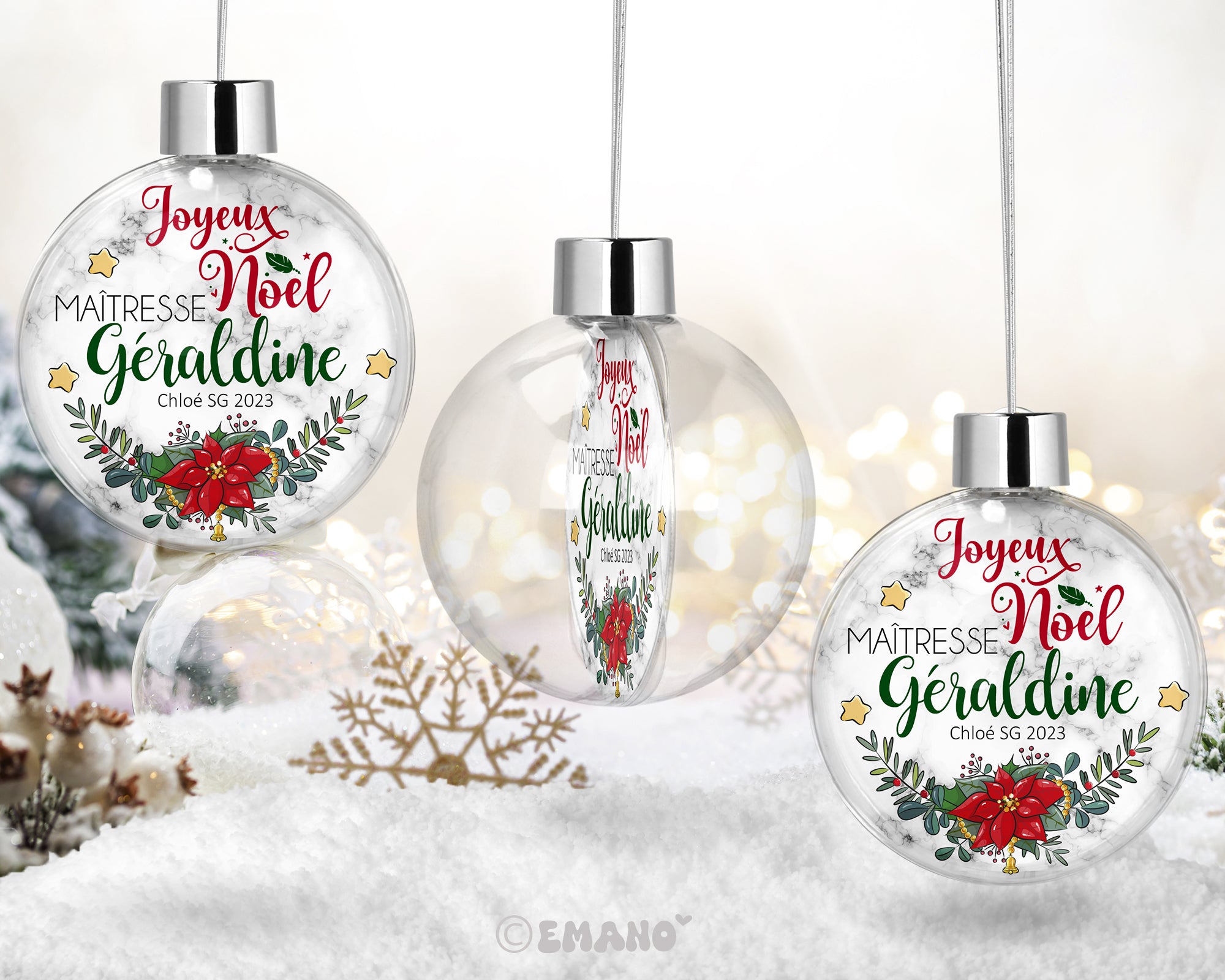 Une décoration de Noël personnalisée avec le prénom de votre choix, ornée de motifs festifs pour illuminer votre sapin et votre maison.