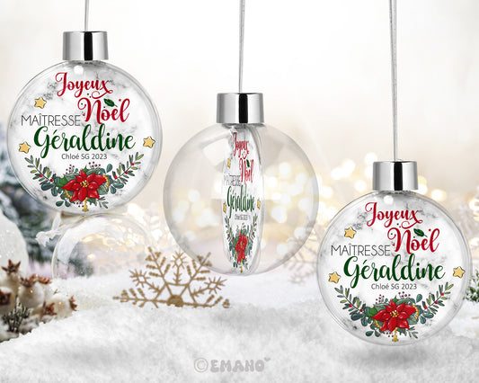 Une décoration de Noël personnalisée avec le prénom de votre choix, ornée de motifs festifs pour illuminer votre sapin et votre maison.