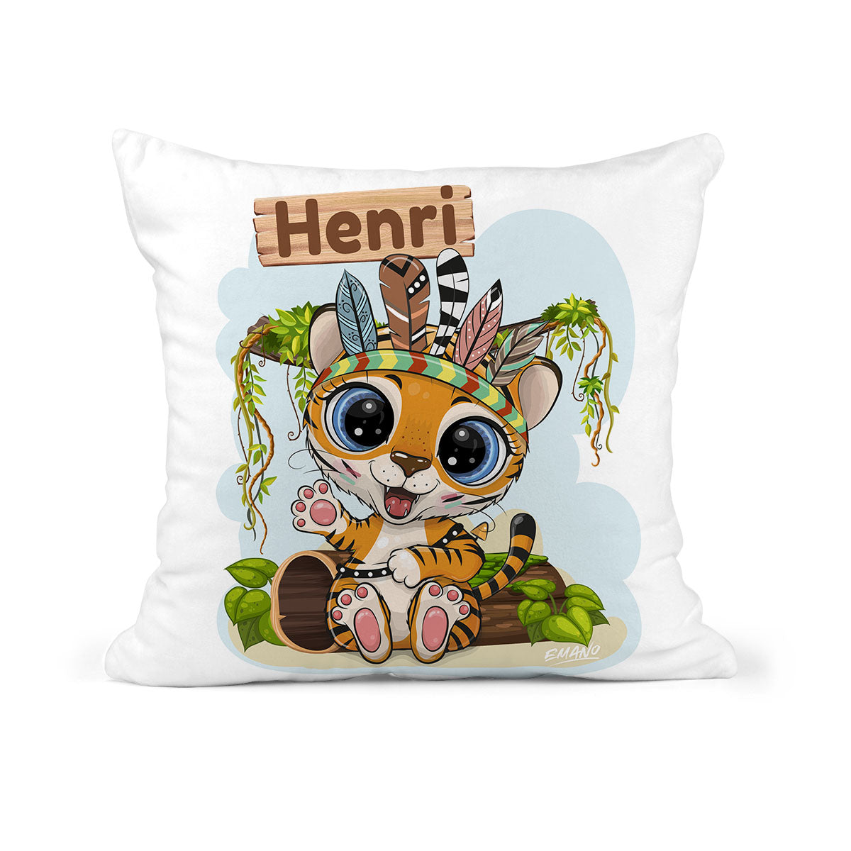 Coussin de naissance personnalisé Timo le Tigre pour bébé garçon avec prénom et informations de naissance – création EMANO Nouvelle-Calédonie
