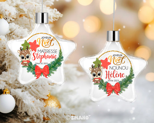 Une décoration de Noël personnalisée avec le prénom de votre choix, ornée de motifs festifs pour illuminer votre sapin et votre maison.