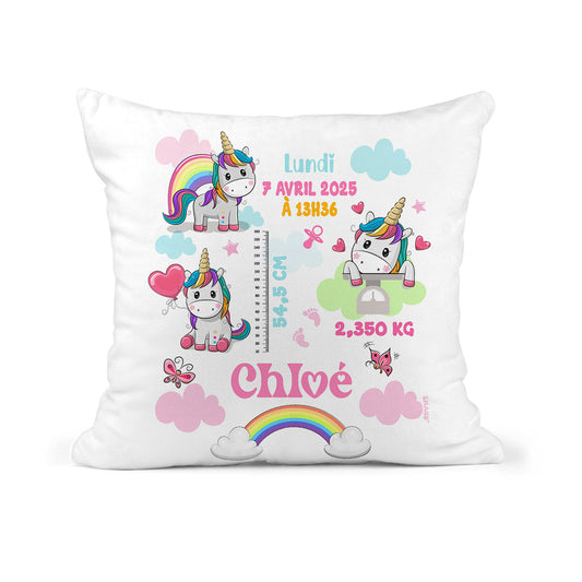 Coussin de naissance Luna la Licorne double face avec date de naissance, heure, taille et poids du bébé