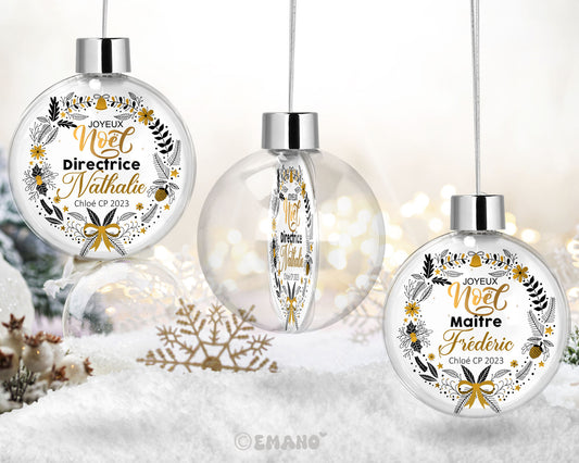 Une décoration de Noël personnalisée avec le prénom de votre choix, ornée de motifs festifs pour illuminer votre sapin et votre maison.