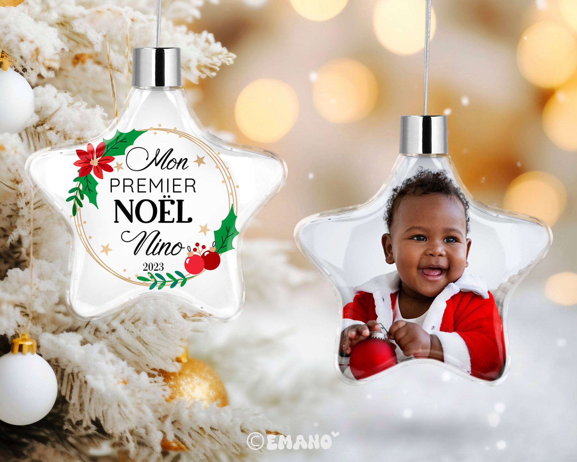 🎄 Célébrez une première année de bonheur et d'amour avec létoiole de Noël personnalisée pour le premier Noël de bébé d'Emano. Cette étoile de Noël magique est le cadeau parfait pour marquer ce moment inoubliable.
