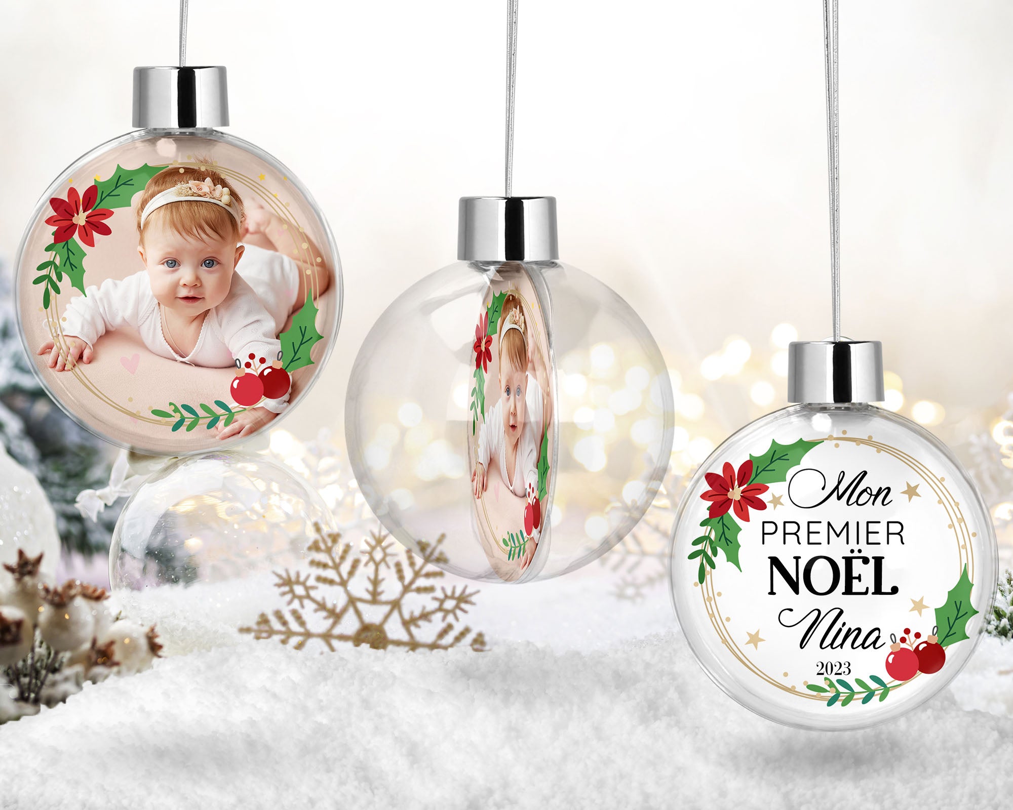 Admirez la boule de Noël personnalisée, un trésor pour le premier Noël de bébé.