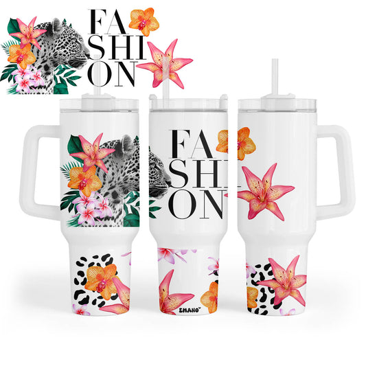 Mug isotherme Orléo Emano design léopard orchidées lys Nouvelle-Calédonie