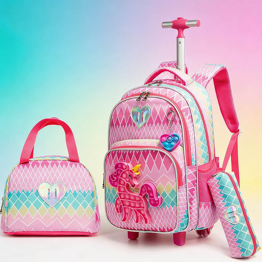 Cartable enfant licorne à roulettes rose pastel avec trousse et sac goûter assortis