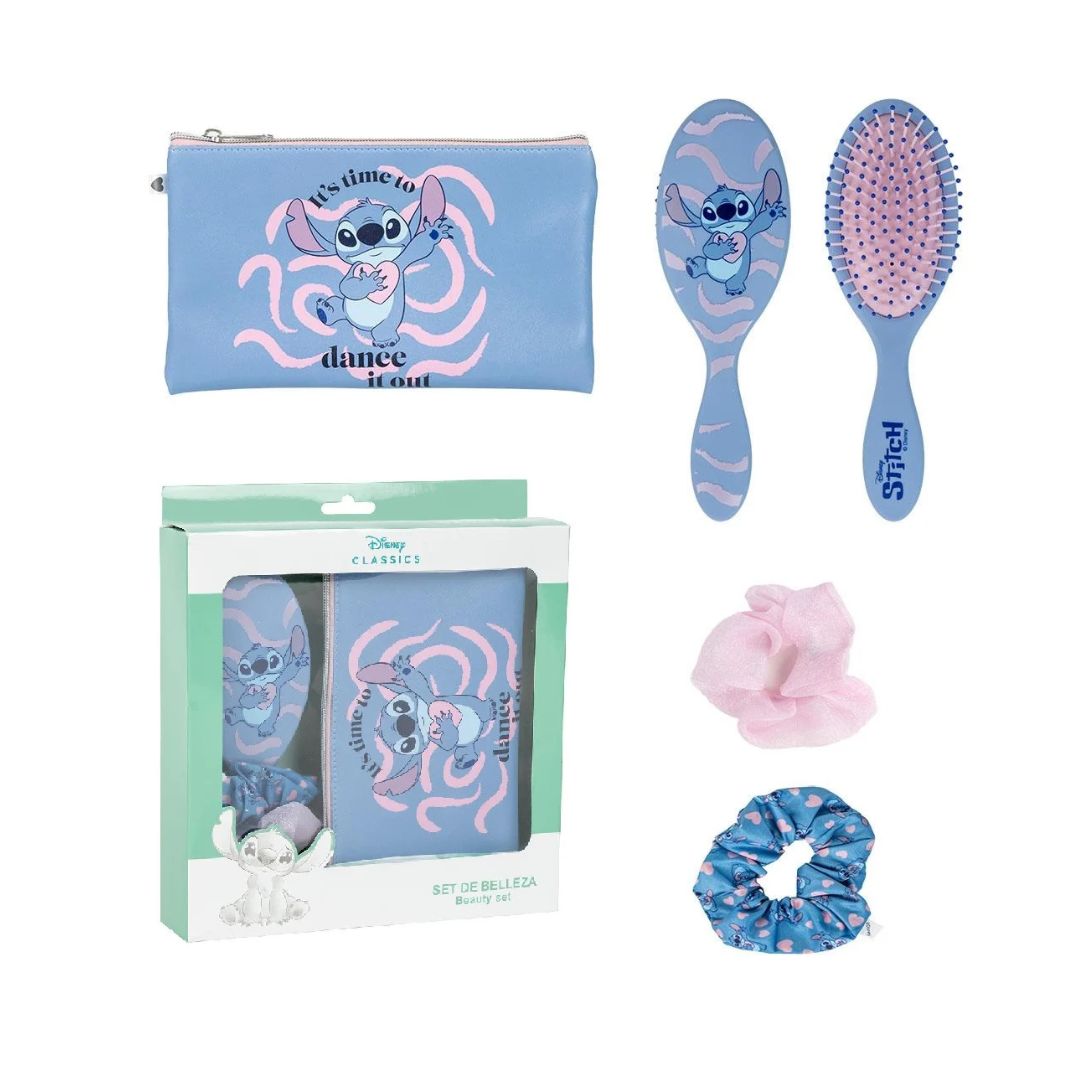 Set de beauté Stitch comprenant une trousse bleue, une brosse à cheveux, deux chouchous et une boîte cadeau Disney – Disponible chez Emano Nouvelle-Calédonie