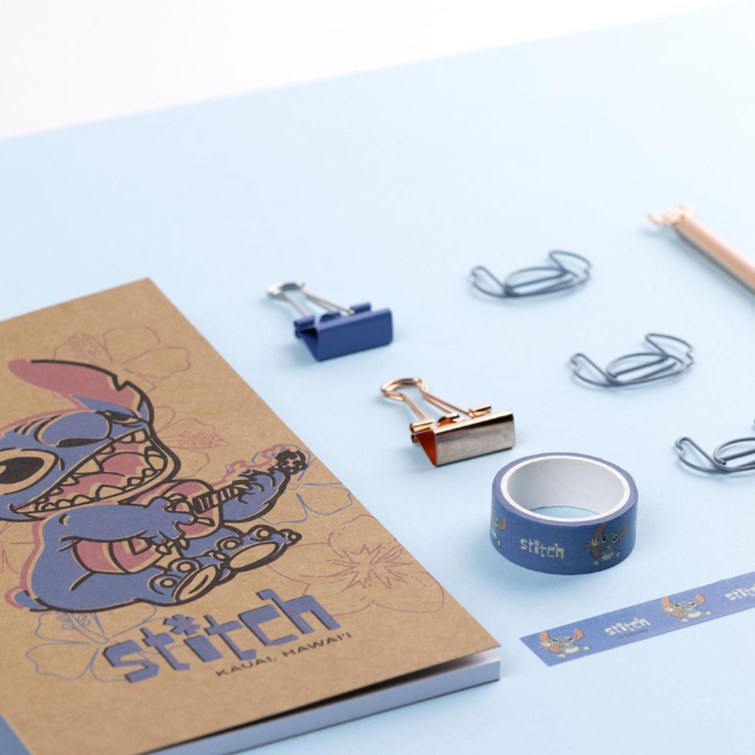 Set papeterie Stitch Disney avec carnet kraft, stylo doré, pinces et trombones en forme de Stitch, parfait pour les fans de Lilo & Stitch