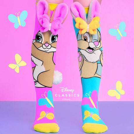 Chaussettes hautes Disney Panpan et Miss Bunny avec oreilles de lapin pelucheuses en relief 3D, détails papillons et petite queue en pompon.