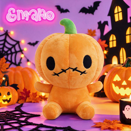 Peluche citrouille Halloween orange Pumpkin Boo 25 cm avec tige verte et visage brodé