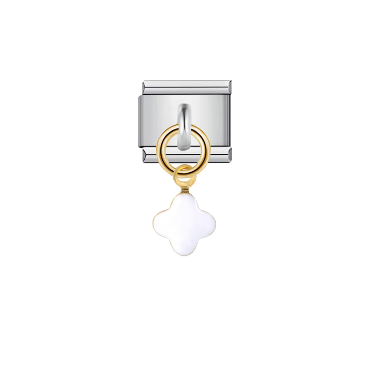 Charm Italien trèfle blanc en acier inoxydable et plaqué or – bijou Emano Nouvelle-Calédonie.