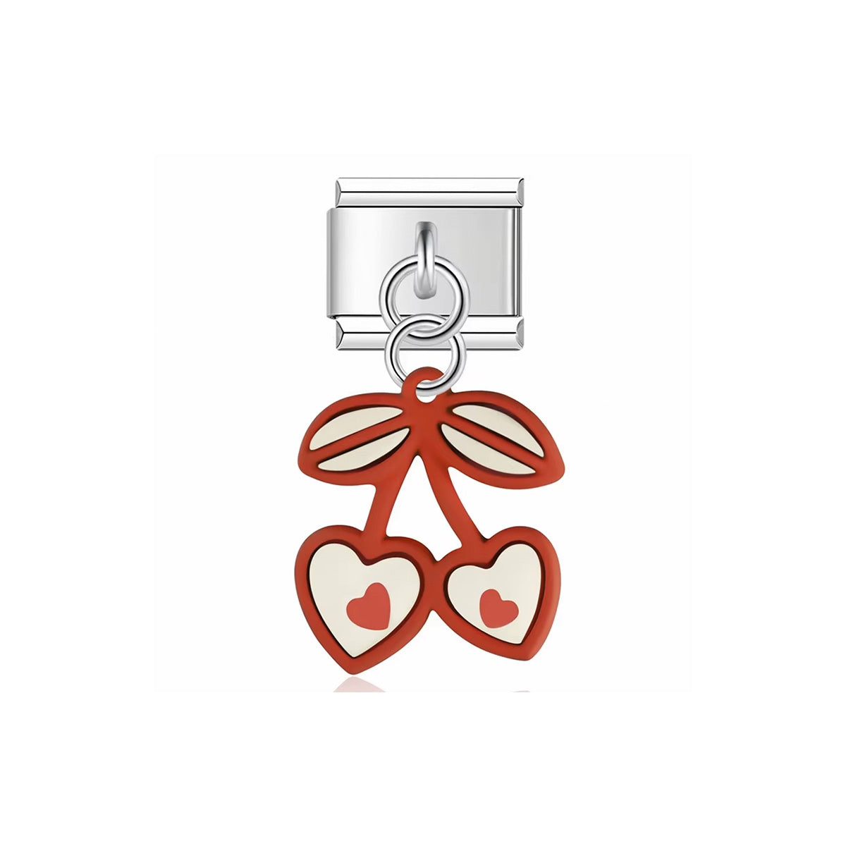 Charm Italien Cherry Love – pendentif cerises en forme de cœurs émaillés rouge et blanc sur acier argenté | bijou fantaisie Emano Nouvelle-Calédonie.