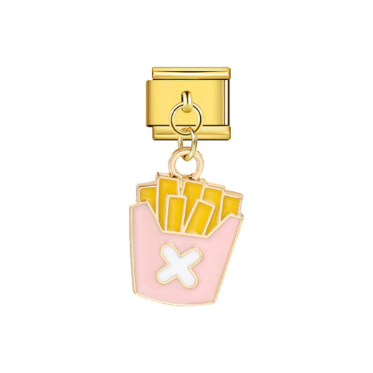 Charm Italien Frites doré et émaillé en acier plaqué or. Un bijou fantaisie original et fun pour personnaliser votre bracelet modulable. Disponible chez Emano en Nouvelle-Calédonie.