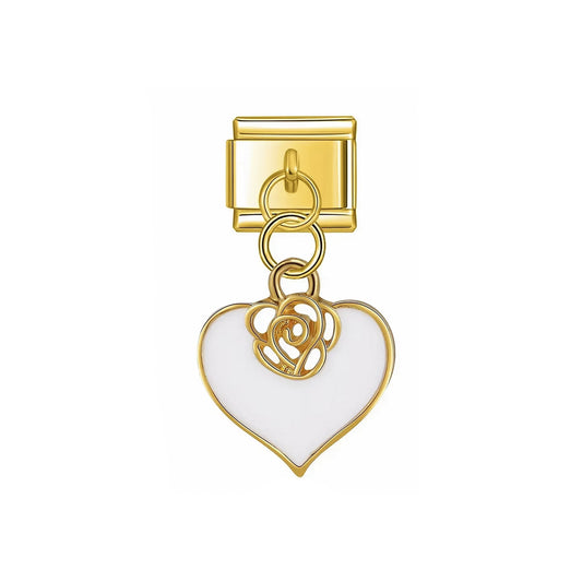 Charm Italien Golden Rose Heart – pendentif doré cœur blanc avec rose en relief | bijou romantique pour bracelet modulable Emano NC.