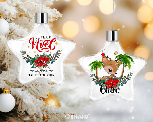 Une décoration de Noël personnalisée avec le prénom de votre choix, ornée de motifs festifs pour illuminer votre sapin et votre maison.