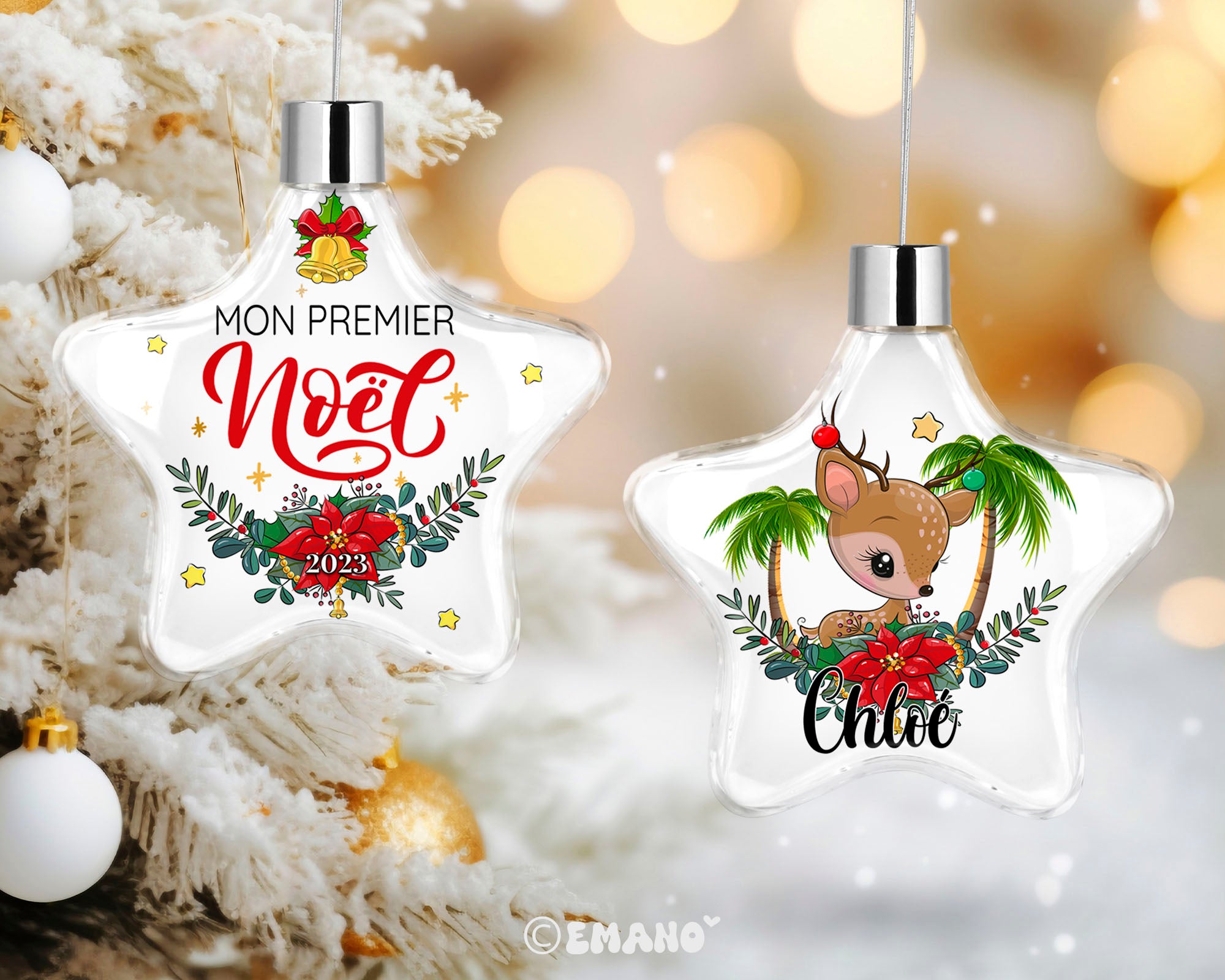 Une décoration de Noël personnalisée avec le prénom de votre choix, ornée de motifs festifs pour illuminer votre sapin et votre maison.