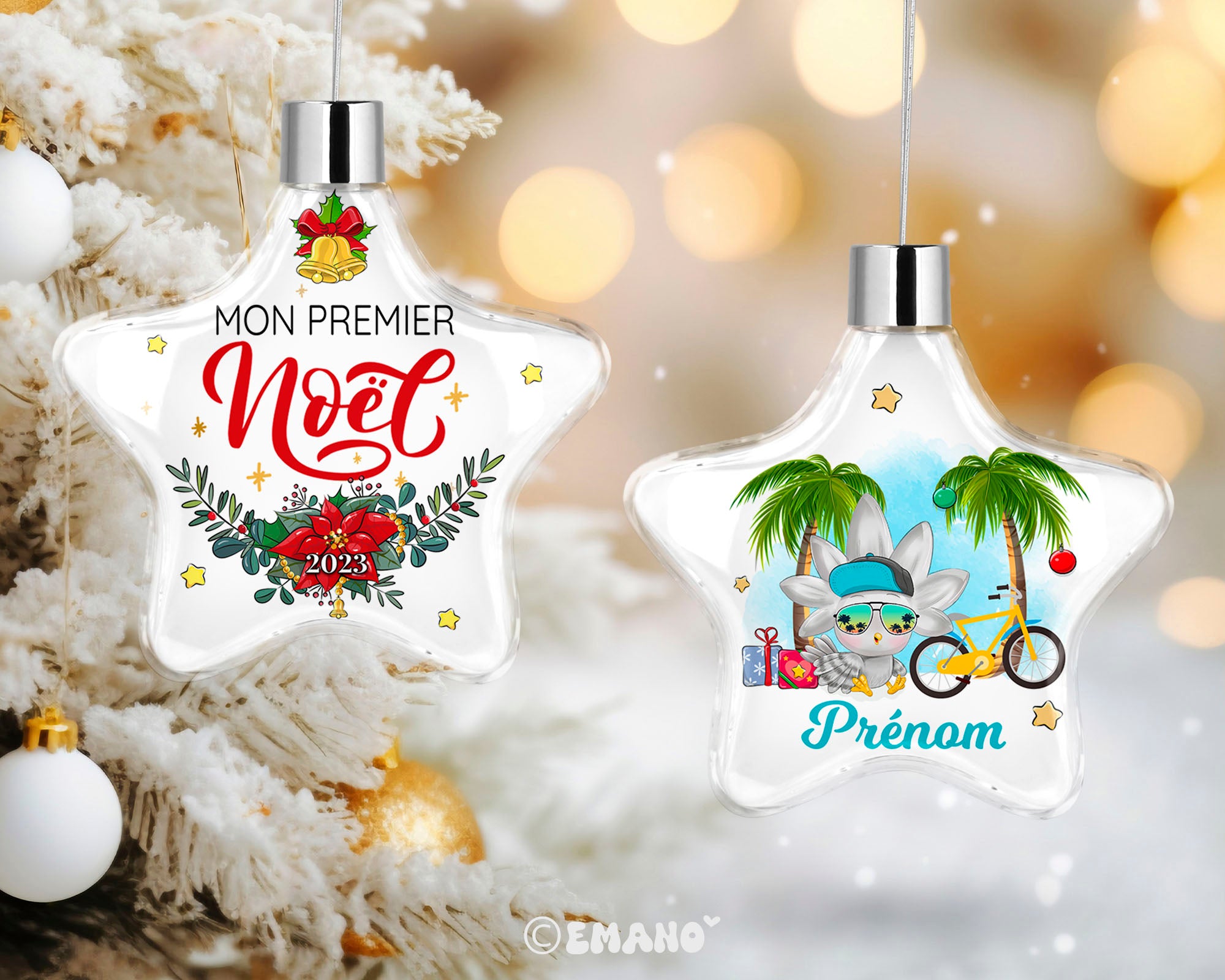 Une décoration de Noël personnalisée avec le prénom de votre choix, ornée de motifs festifs pour illuminer votre sapin et votre maison.