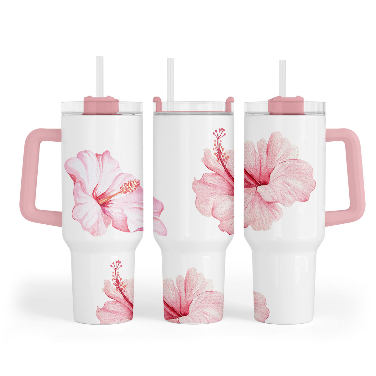 Mug Hibis avec anse et paille réutilisable – design tropical