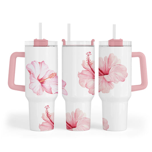 Mug Hibis avec anse et paille réutilisable – design tropical