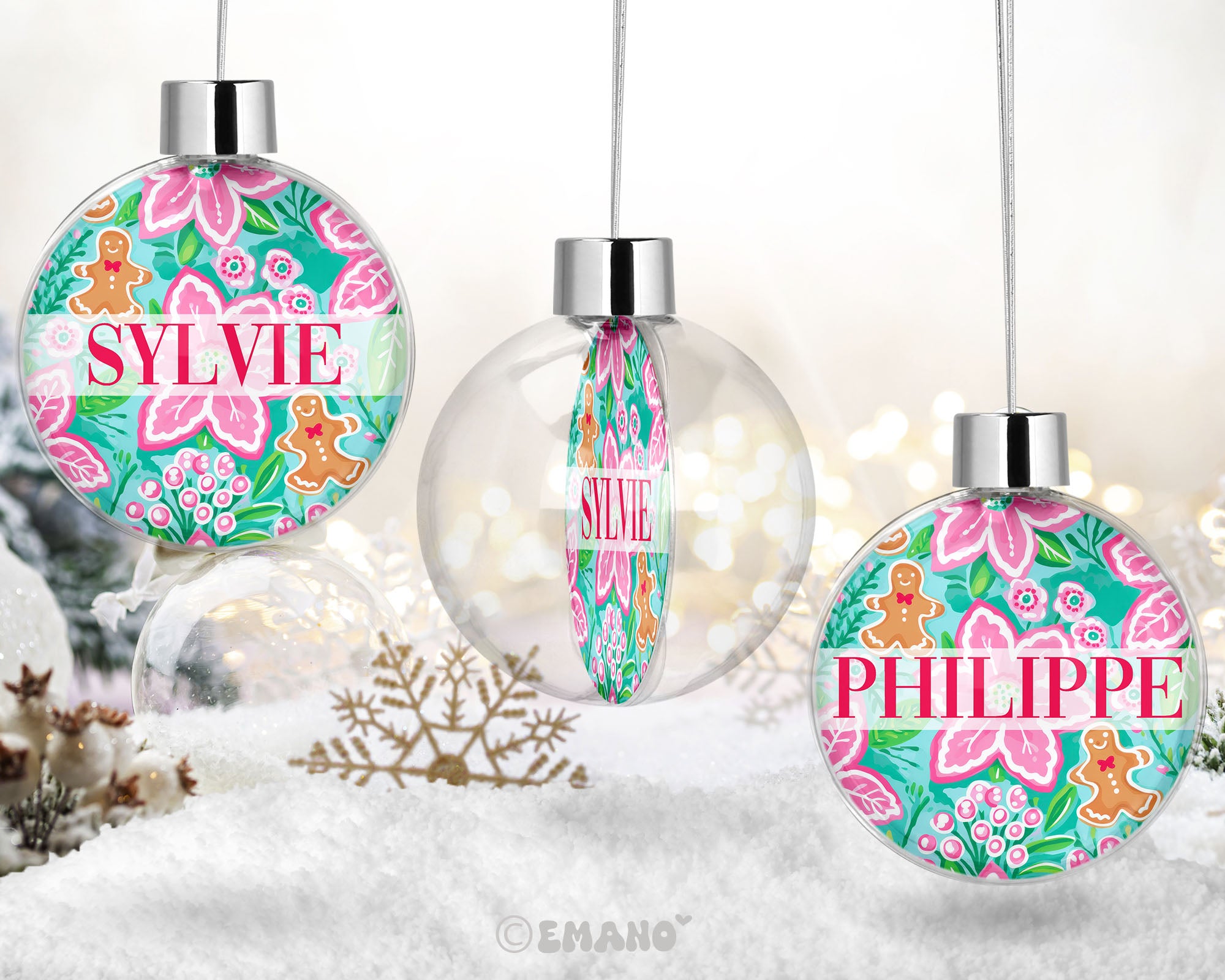 Une décoration de Noël personnalisée avec le prénom de votre choix, ornée de motifs festifs pour illuminer votre sapin et votre maison.