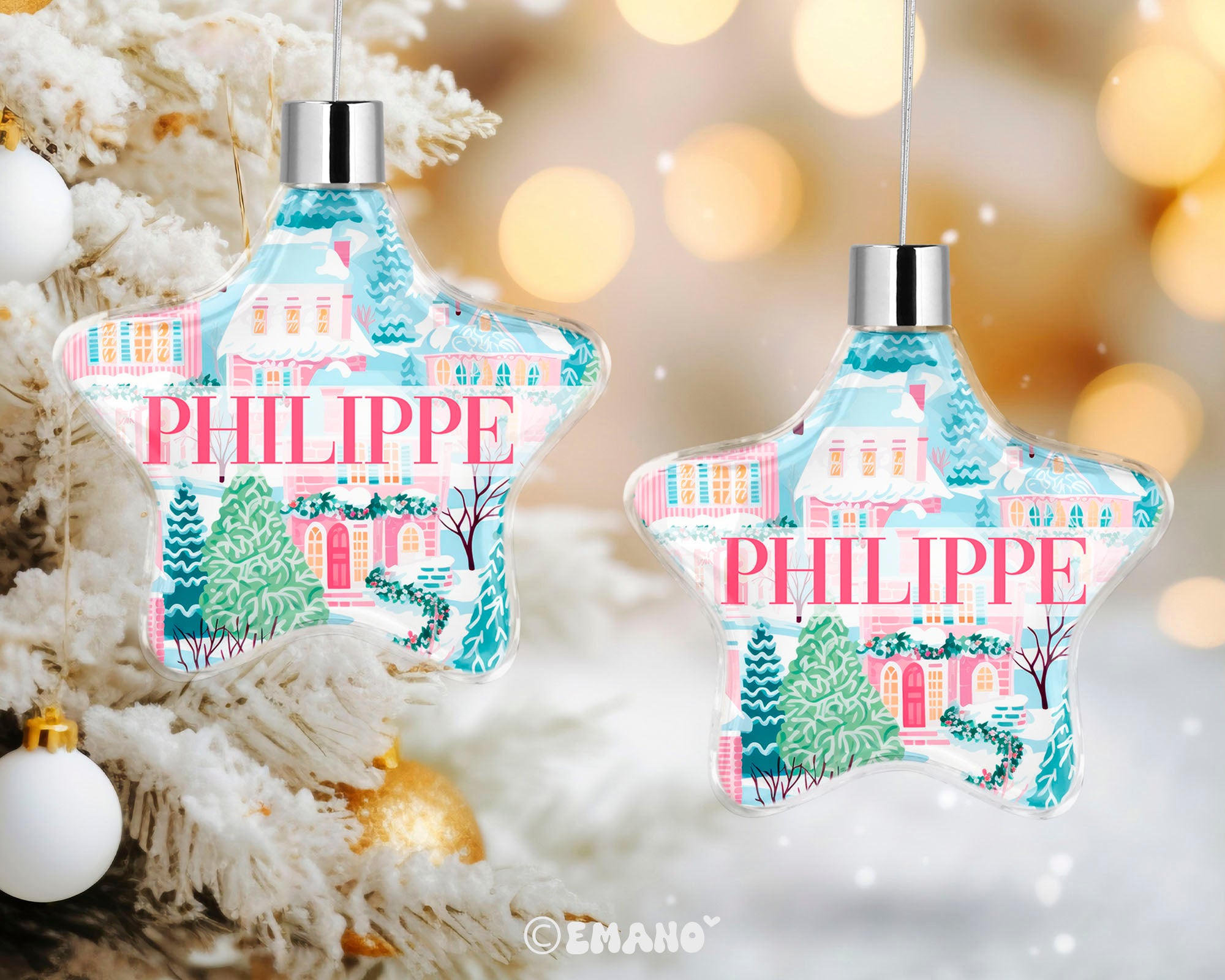 Une décoration de Noël personnalisée avec le prénom de votre choix, ornée de motifs festifs pour illuminer votre sapin et votre maison.