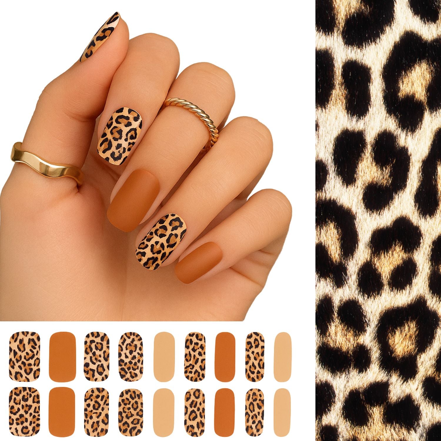 Stickers ongles léopard semi-permanent Emano, pose maison, look tendance et naturel avec bagues dorées.