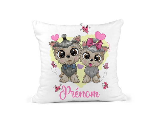 Coussin Chiots Amoureux : Tendresse Personnalisée.