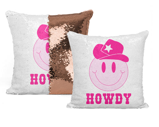 Coussin Sequin 'Smiley Cowboy' : Un clin d'œil ludique à l'ambiance western