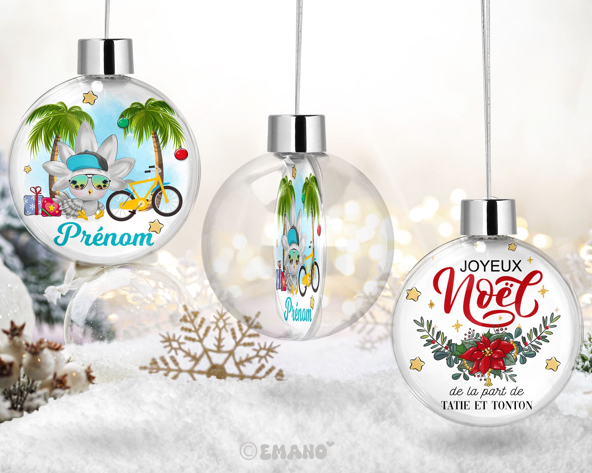 Une décoration de Noël personnalisée avec le prénom de votre choix, ornée de motifs festifs pour illuminer votre sapin et votre maison.