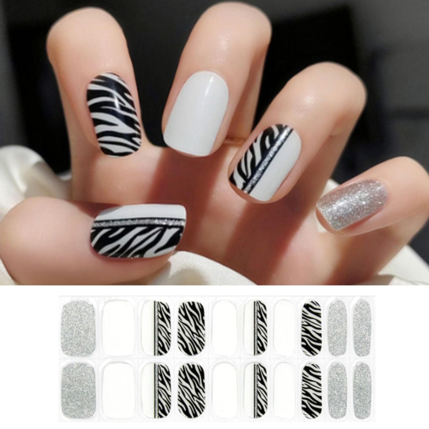 Nail art zébré noir et blanc avec accent pailleté argenté, kit de stickers gel Emano sur ongles courts