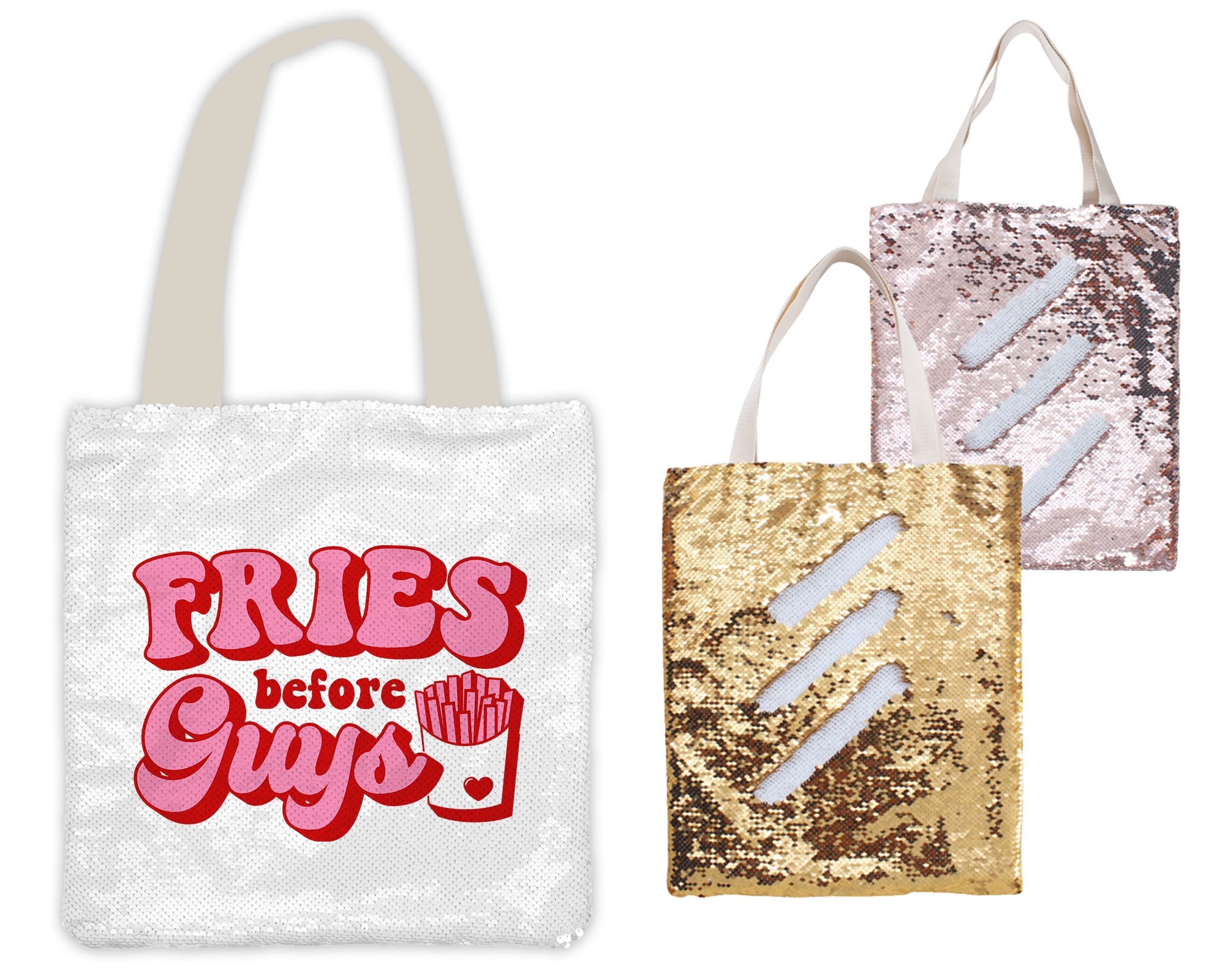 Tote bag sequin " Les frites avant les mecs"